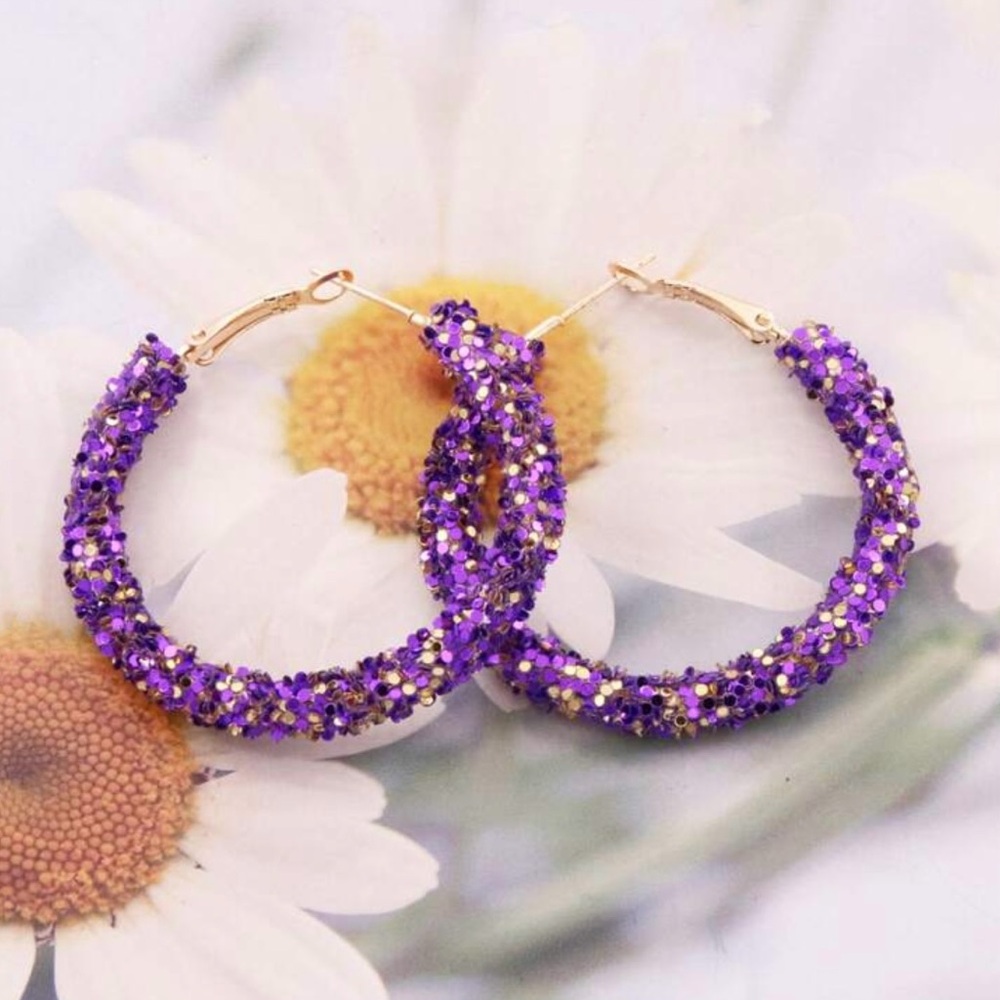 Purple Beaded Pierced Hoop Boho Earrings